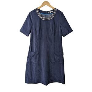 Boden Embroidered Dotted Neckline Short Sleeve Shift Dress in Navy